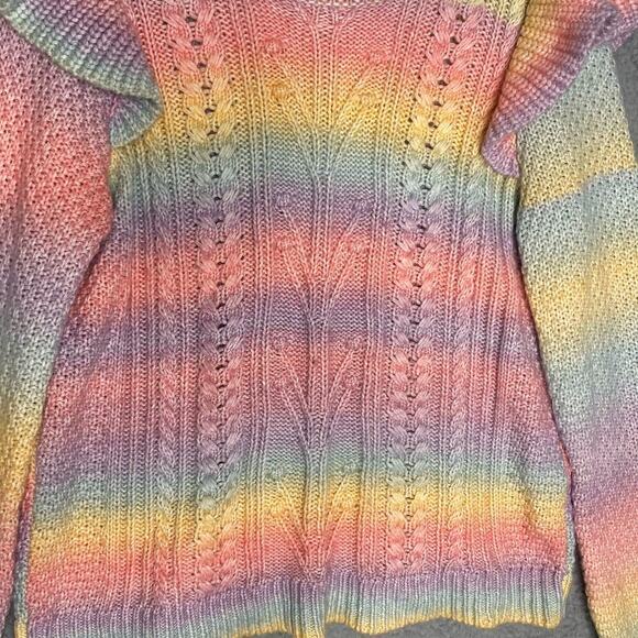 Loft Ann Taylor rainbow cable knit sweater ruffle shoulder winter colorful L - Picture 5 of 7